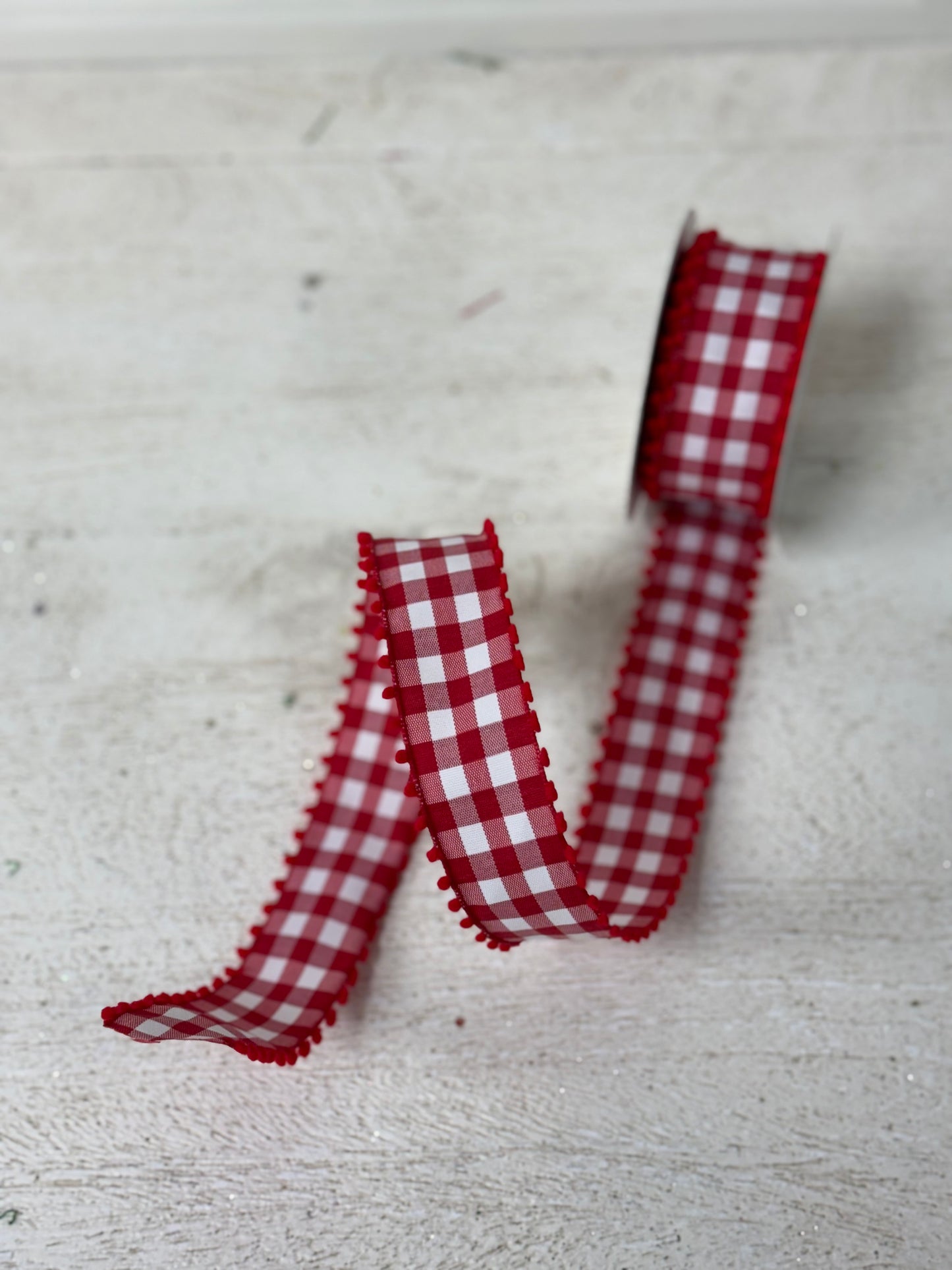 1.5 Inch By 10 Yard Red And White Gingham Check With Red Pom Pom Ribbon