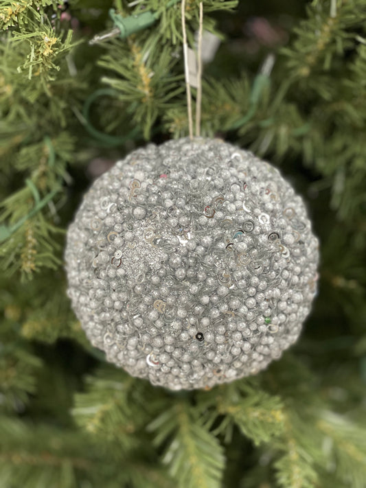 5 Inch Silver Beaded Ornament Ball
