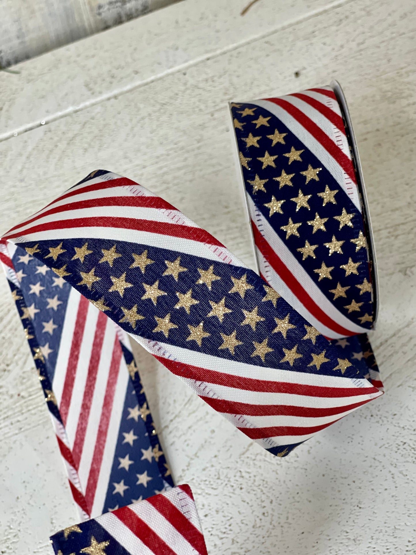 1.5 Inch By 10 Yard American Flag Ribbon With Gold Stars Ribbon