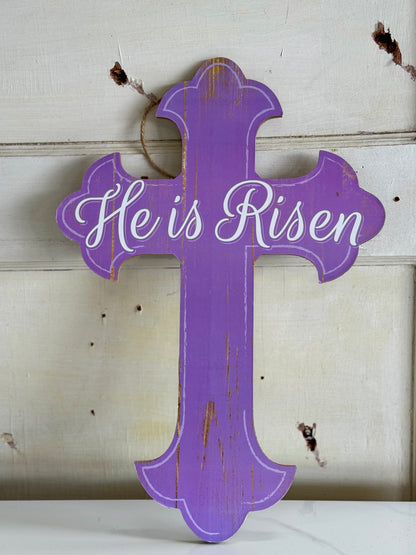 He Is Risen Lavender And White Cross Sign