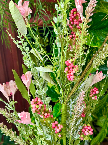 24 Inch Pink And Green Paper Flower Leaf And Bead Spray