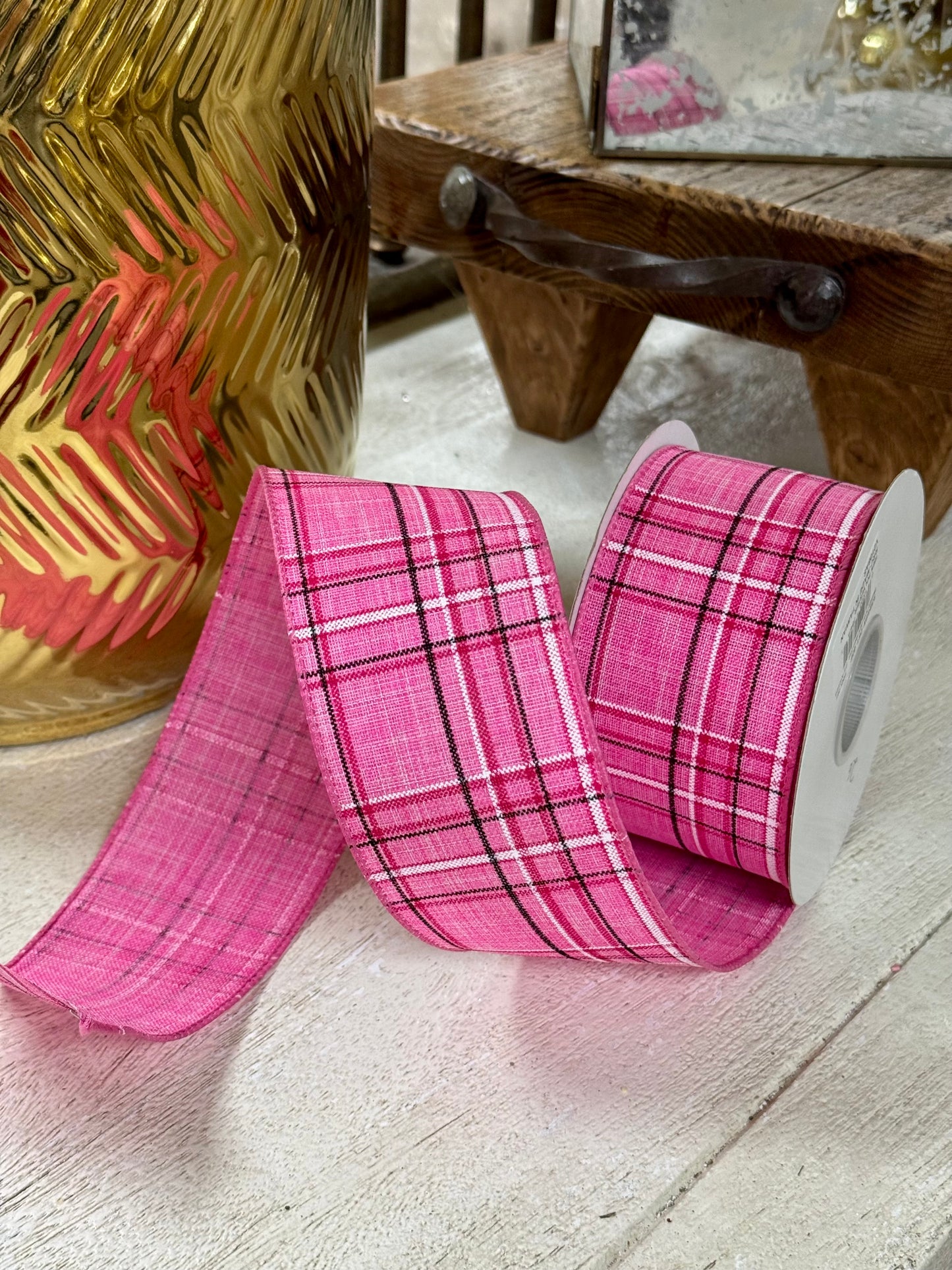 2.5 Inch By 10 Yard Pink Pinstripe Plaid Linen Ribbon