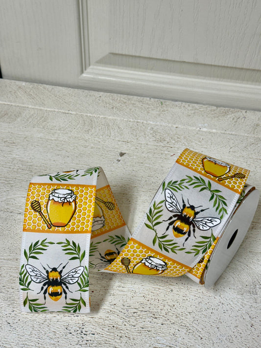 2.5 Inch By 10 Yard Honey Bee And Honey Pot Ribbon