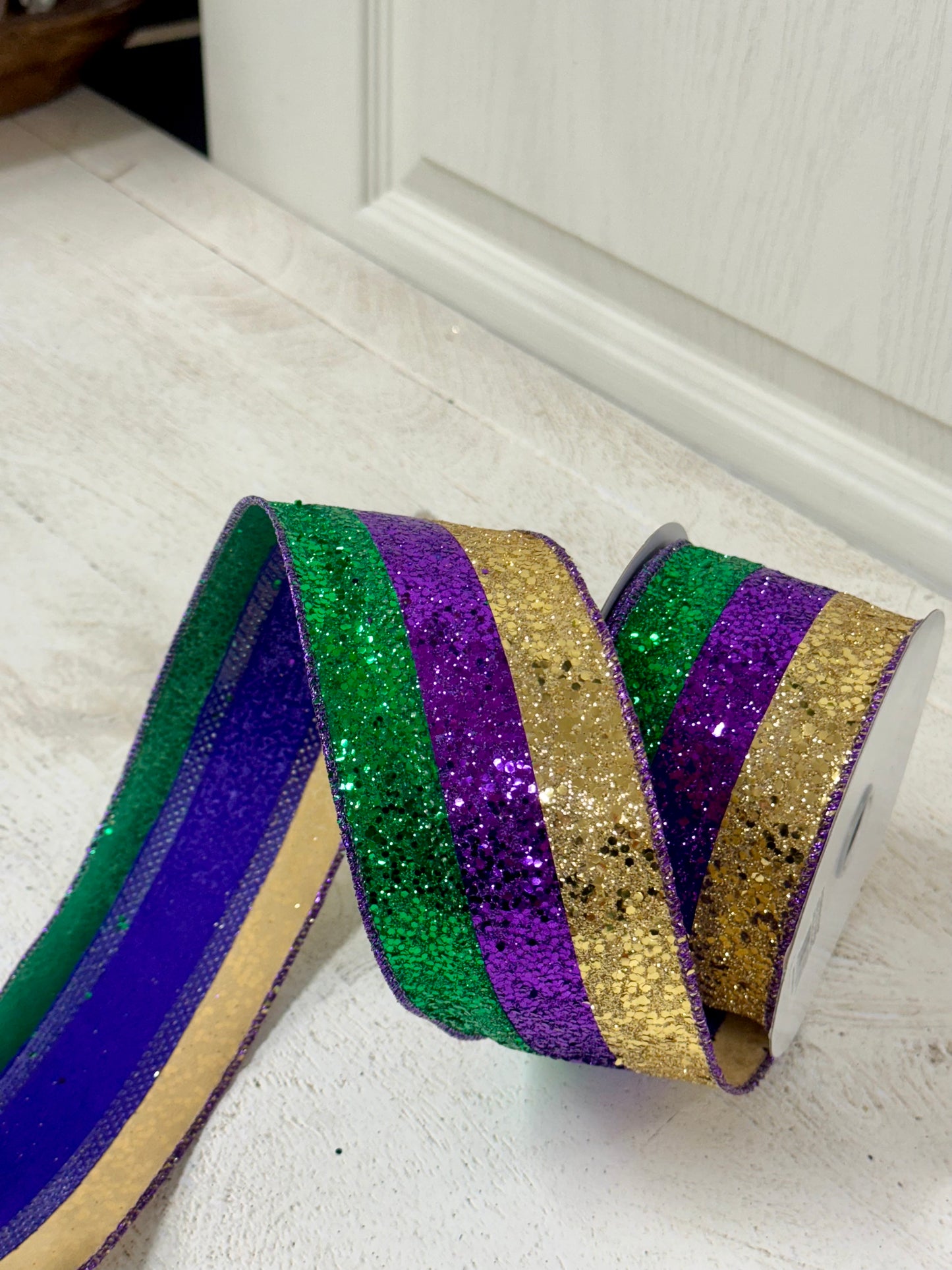 2.5 Inch By 10 Yard Mardi Gras Large Glitter Stripe Ribbon