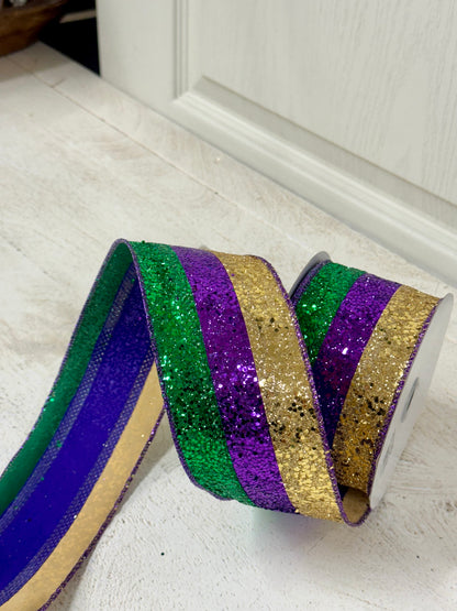 2.5 Inch By 10 Yard Mardi Gras Large Glitter Stripe Ribbon