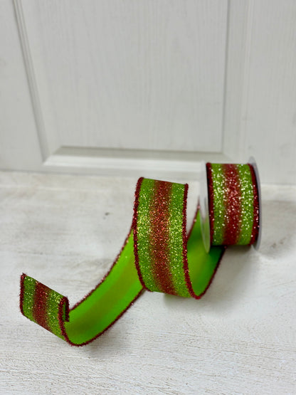 2.5 Inch By 10 Yard Red And Lime Gradient Glitter With Red Tinsel Edging Ribbon