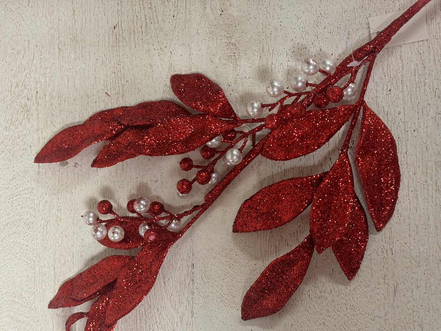 25 Inch Red Glitter Leaf Spray With Pearl Details