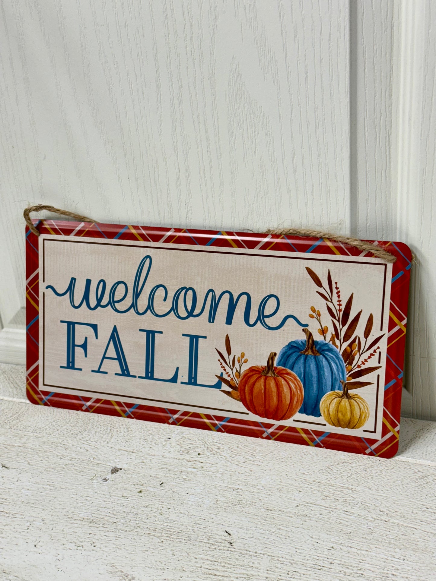 12 Inch Cream Blue Orange Welcome Fall Tin Sign
