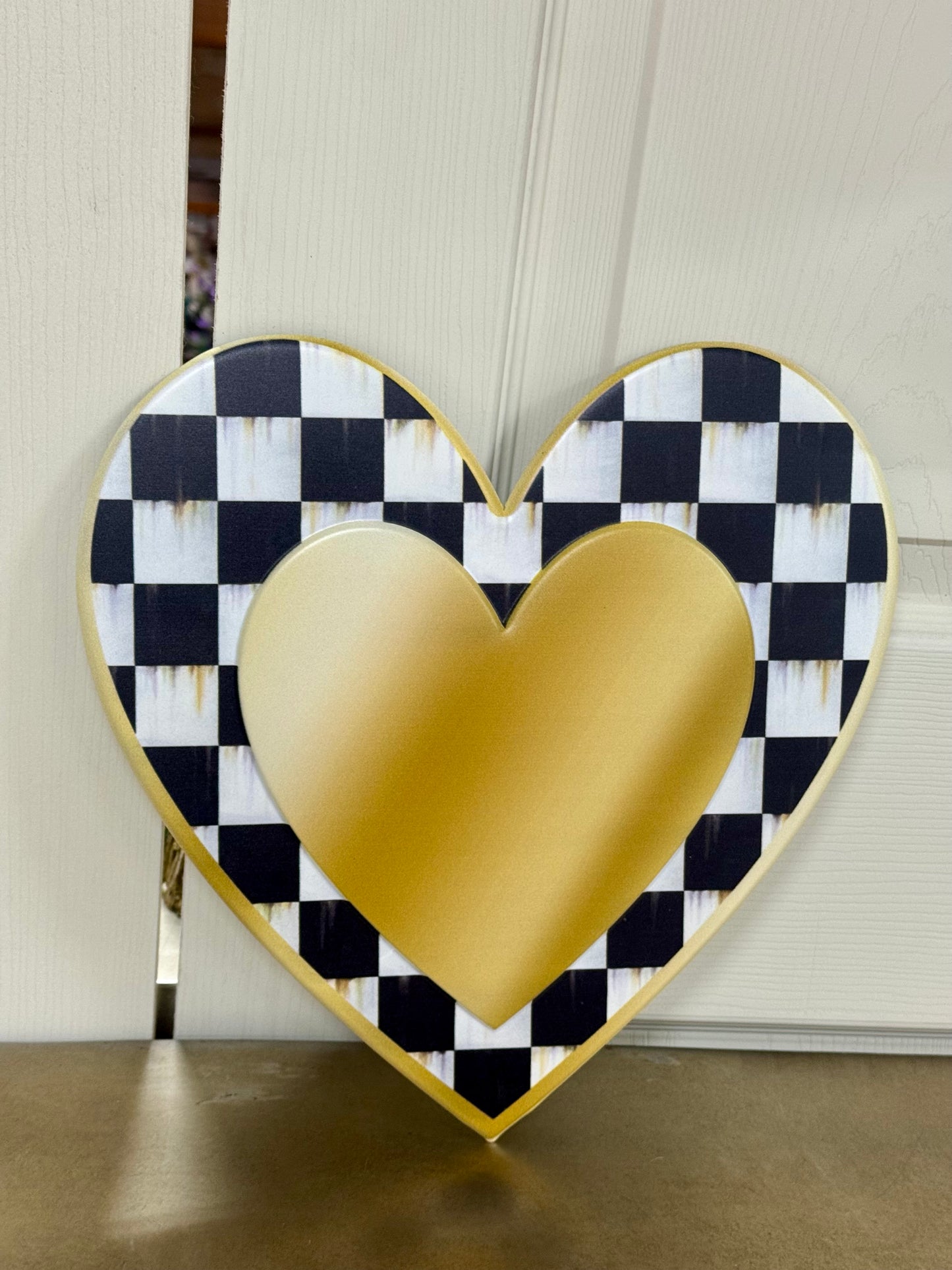 12 Inch Black White Gold Checkered Heart Metal Sign
