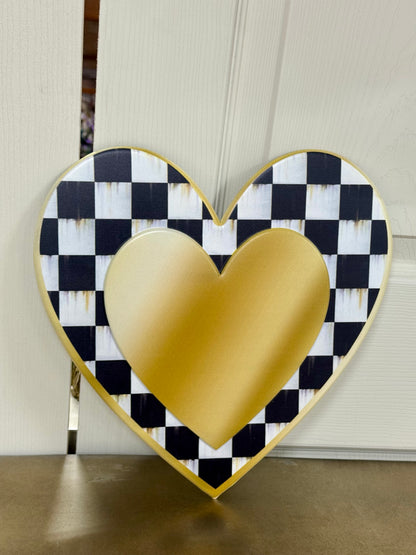 12 Inch Black White Gold Checkered Heart Metal Sign