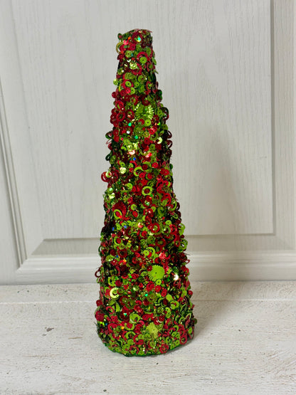 12 Inch Lime And Red Sequin Glitter Cone Tree