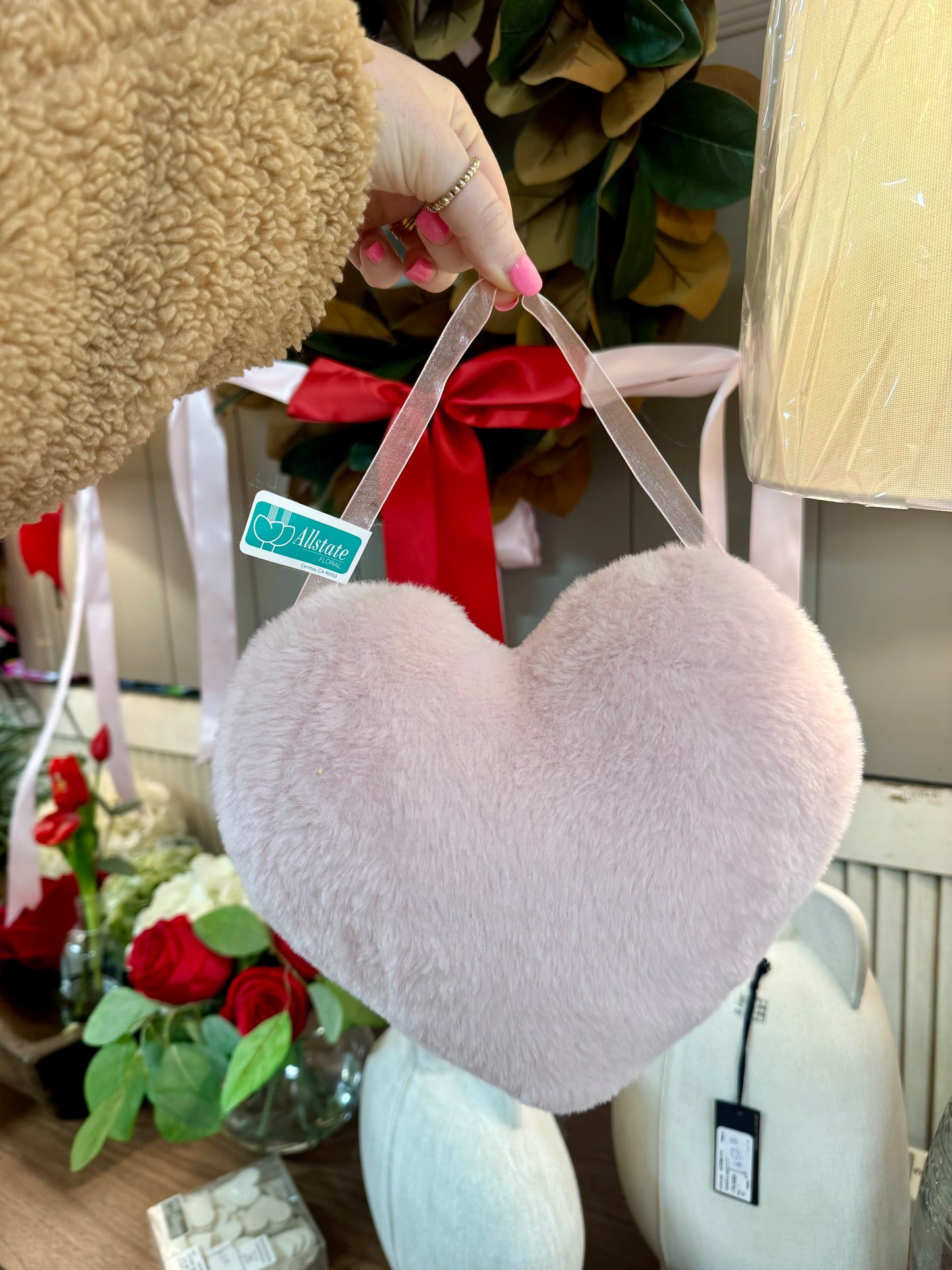 9.8 Inch Light Pink Fur Heart Shaped Pillow