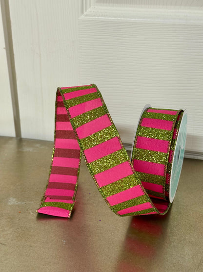 1.5 Inch By 10 Yard Lime Green And Hot Pink Striped Ribbon