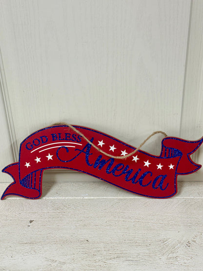 God Bless America Glitter Wood Banner Sign