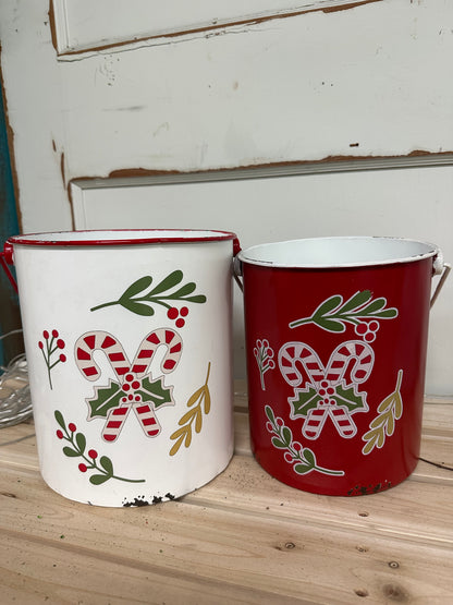 Enamel Candy Cane Pail Set of 2