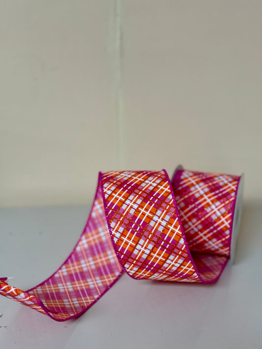 2.5 Inch By 10 Yard Orange Fuchsia And White Diagonal Plaid Ribbon