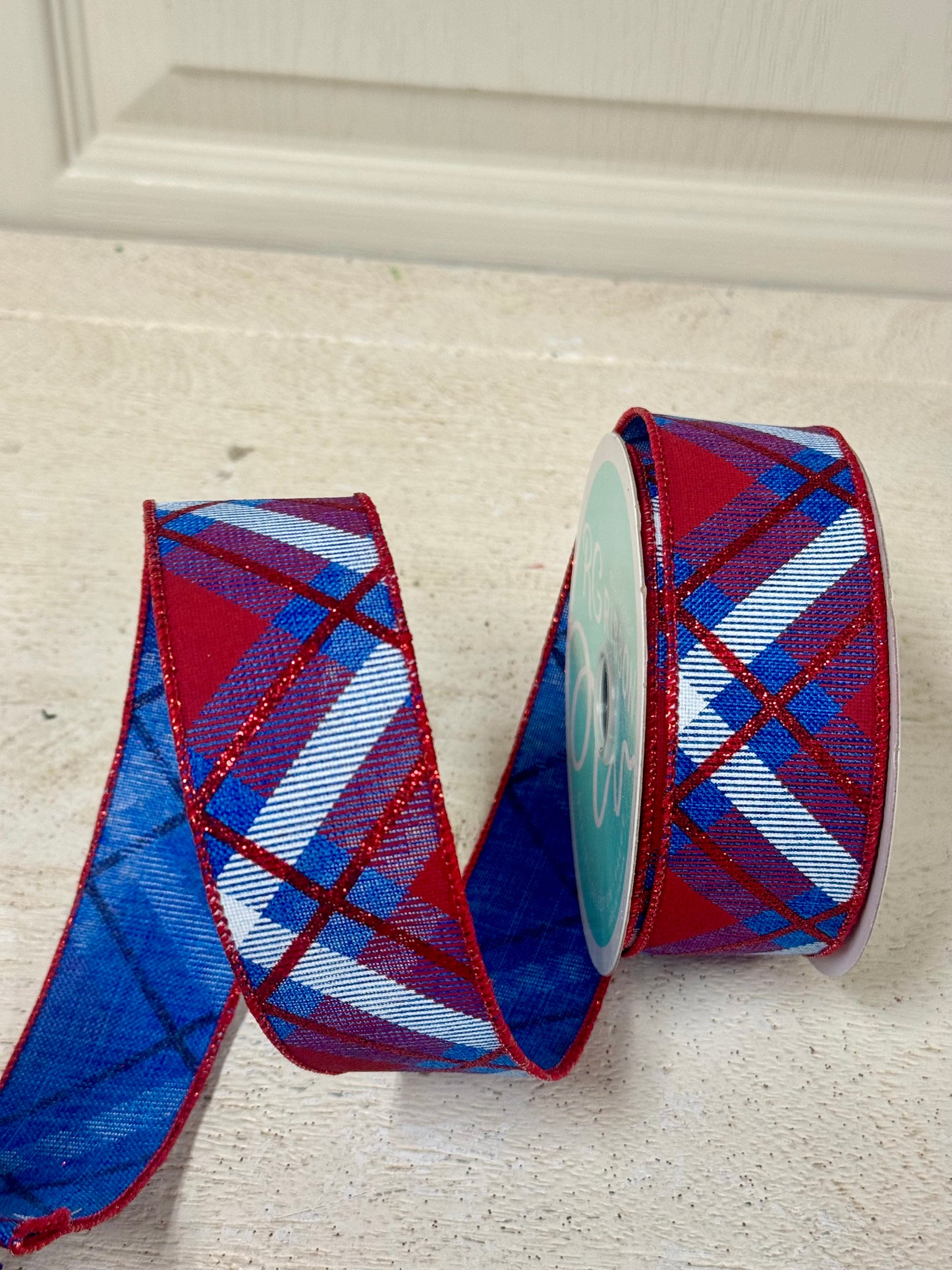 1.5 Inch By 10 Yard Red Royal Blue And White Glitter Plaid Ribbon