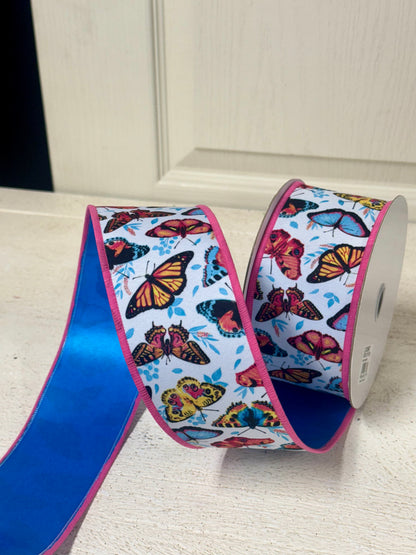 2.5 Inch By 10 Yard Multicolor Butterflies With Blue Backing Ribbon