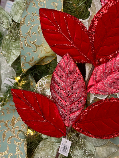 27 Inch Red Velvet Glitter Magnolia Leaf Spray