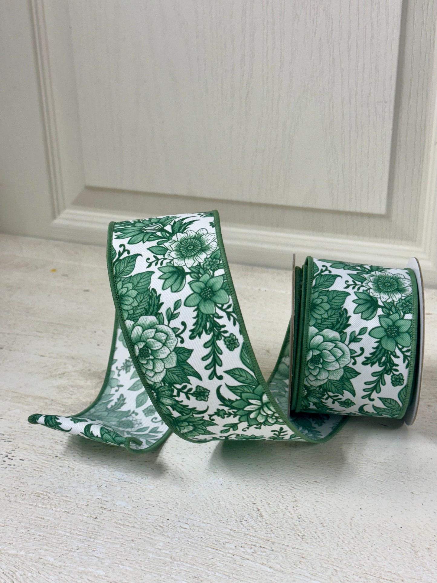 2.5 Inch By 10 Yard Sage Green And White Chinoiserie Florals Ribbon