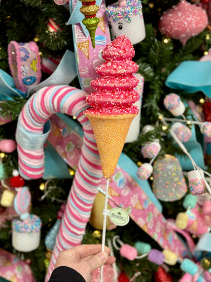 Red And Pink Ice Cream Cone With Sprinkles Stem