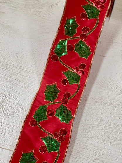 4 Inch By 5 Yard Red Dupioni With Sequin Holly Ribbon