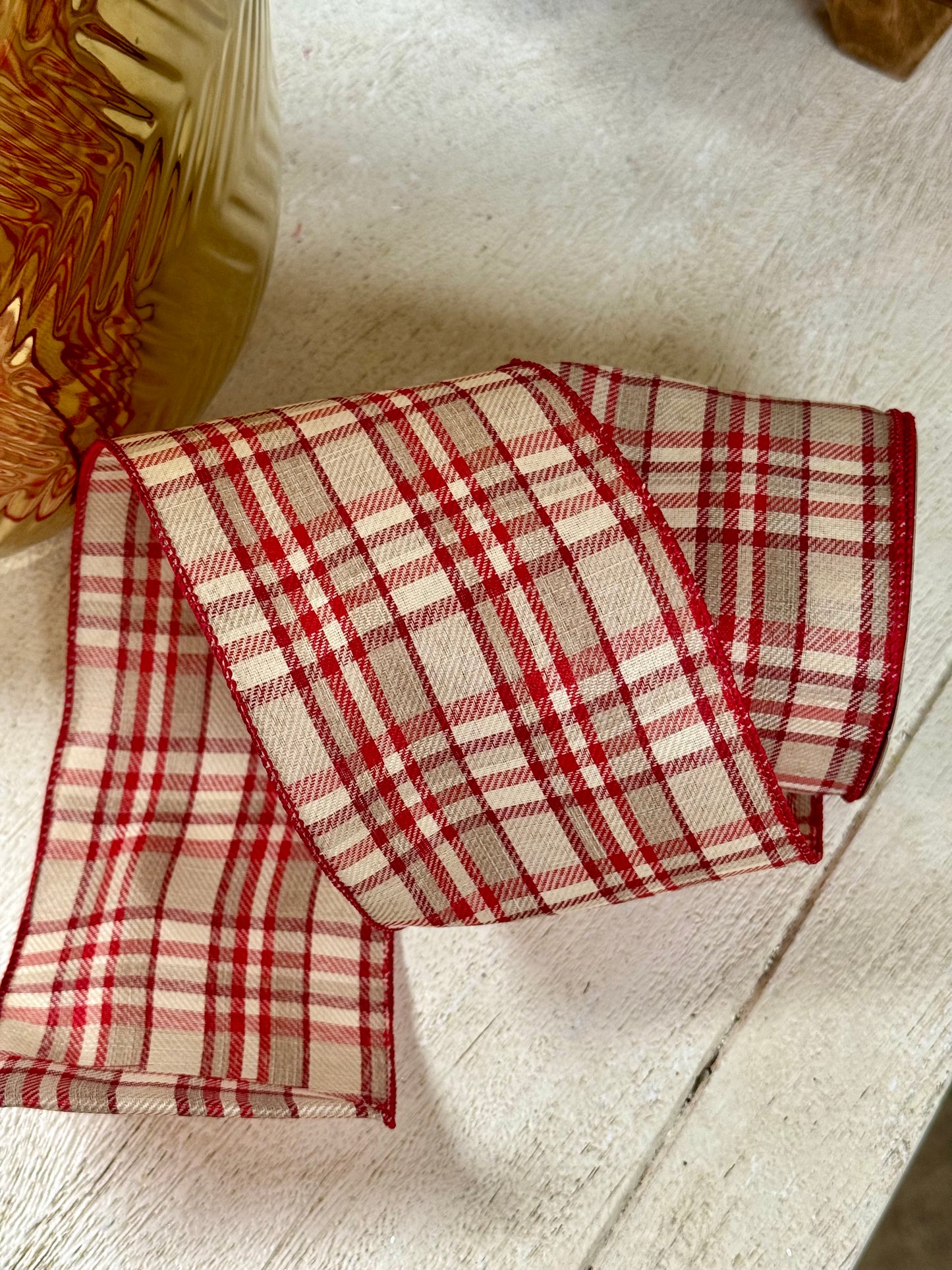4 Inch By 10 Yard Natural And Red Holiday Plaid Ribbon