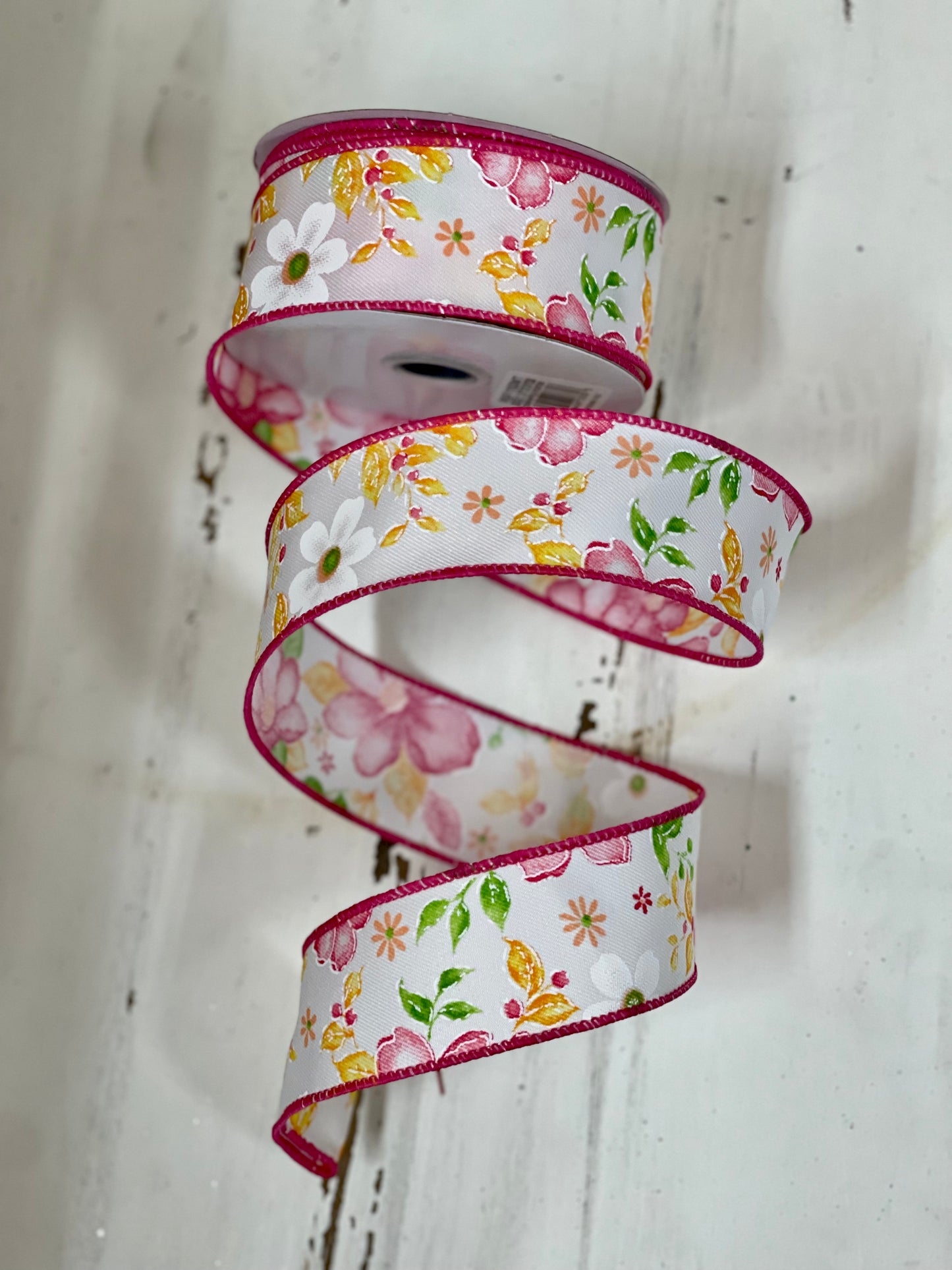 1.5 Inch By 10 Yard White Background With Pink Watercolor Flower Ribbon