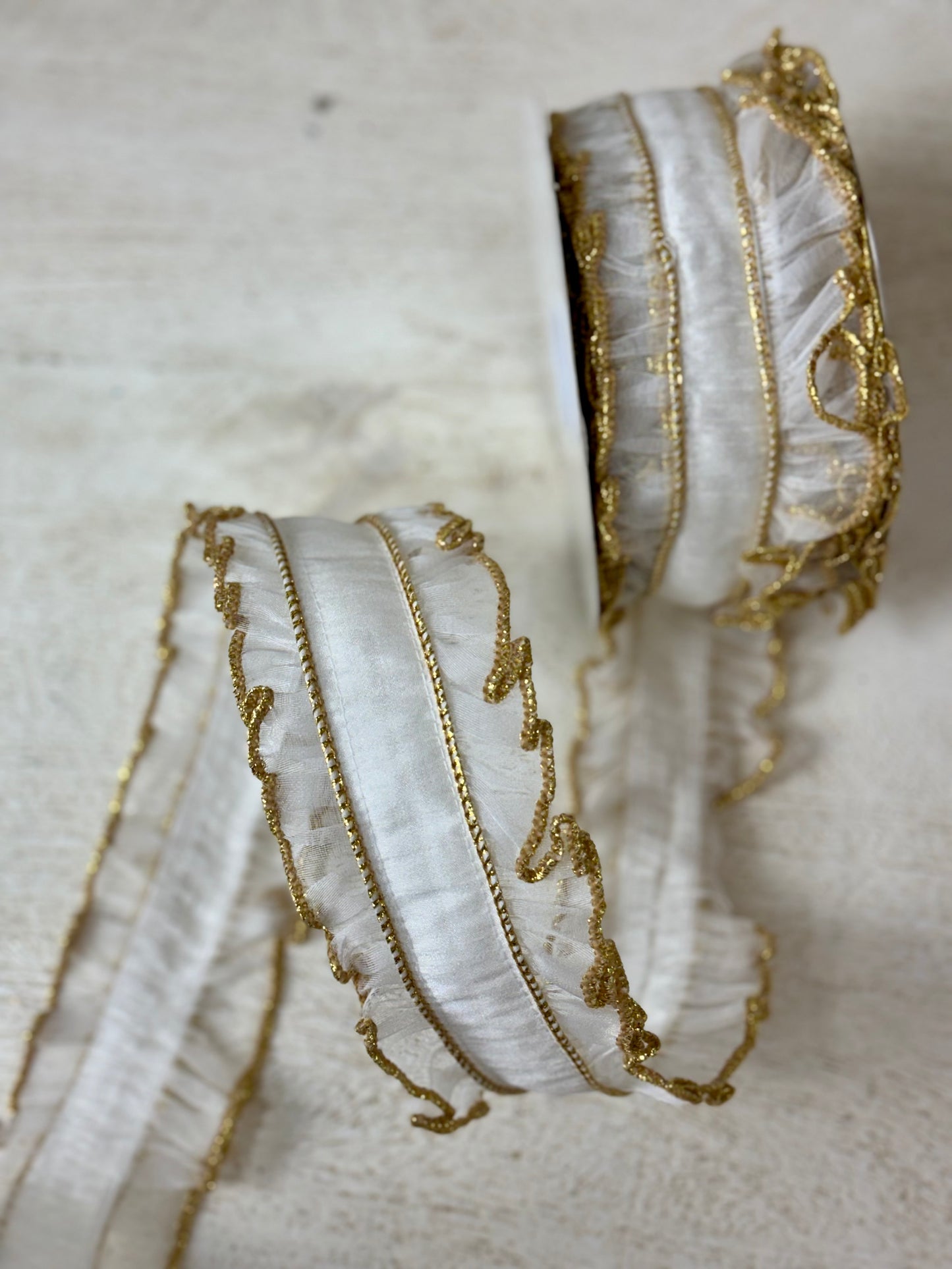 2.5 Inch By 10 Yard Ivory Dupioni Center With Gold Ruffle Edges Ribbon