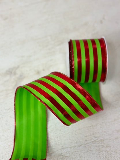 2.5 Inch By 10 Yard Red And Lime Metallic Vertical Striped Ribbon