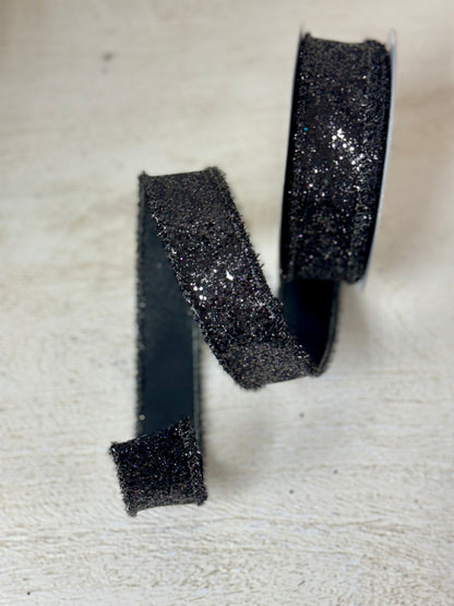 1.5 Inch By 10 Yard Black Glitter Ribbon With Tinsel Edging