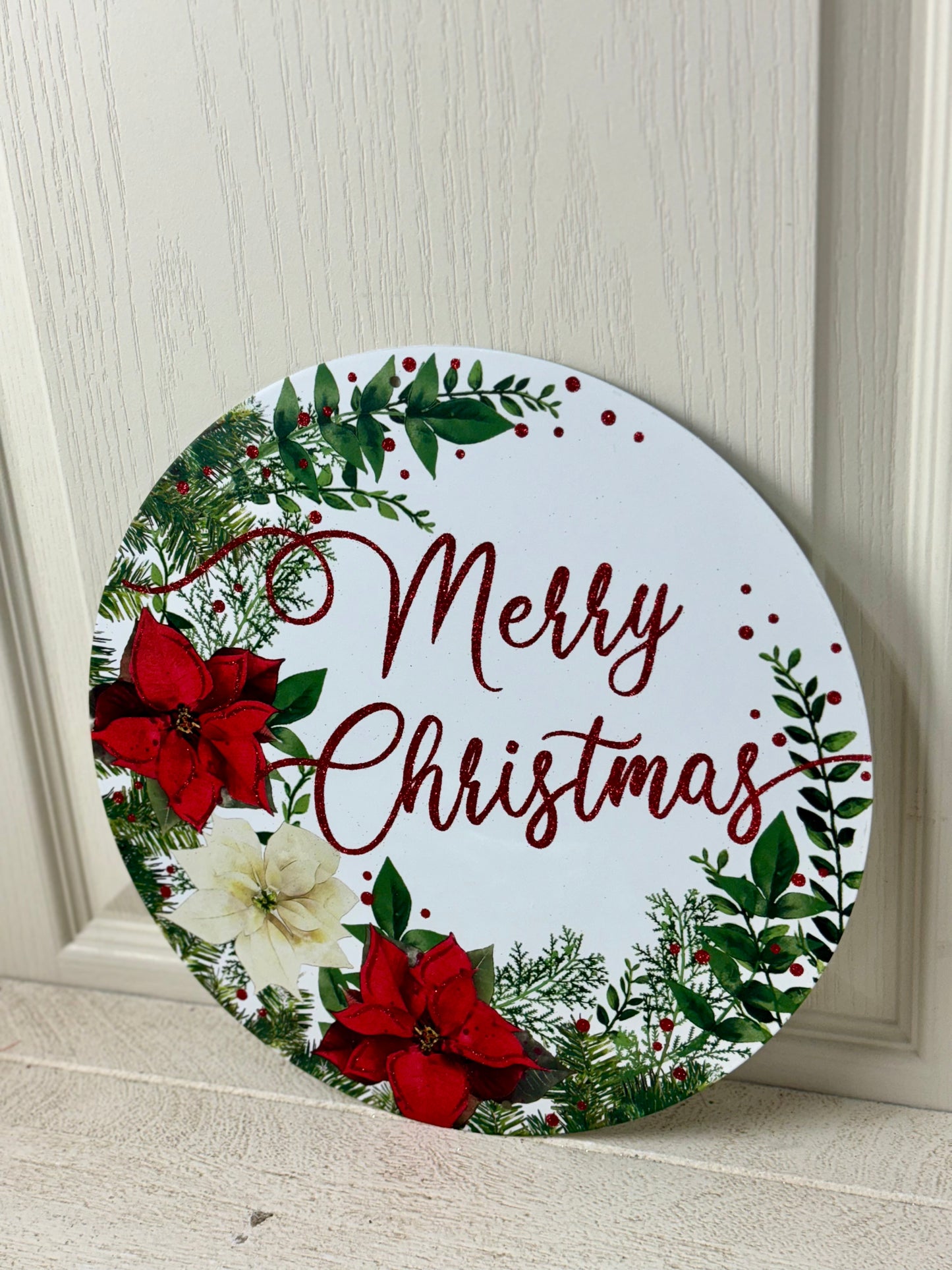 12 Inch Poinsettia Merry Christmas Metal Sign