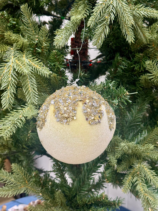 4.75 Inch Cream Silver And Gold Sequin Velvet Dripped Ornament