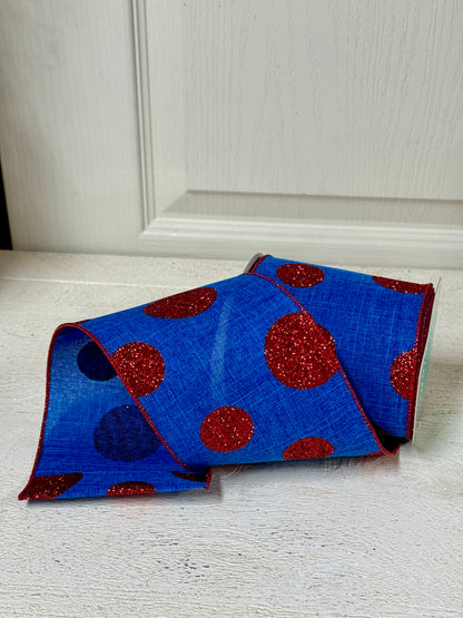 4 Inch By 10 Yard Royal Blue And Red Polka Dot Ribbon