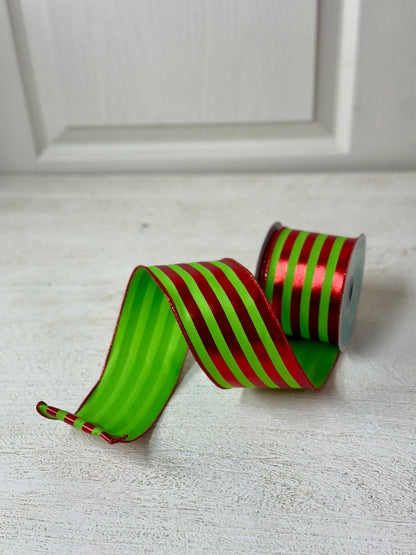 2.5 Inch By 10 Yard Red And Lime Metallic Vertical Striped Ribbon