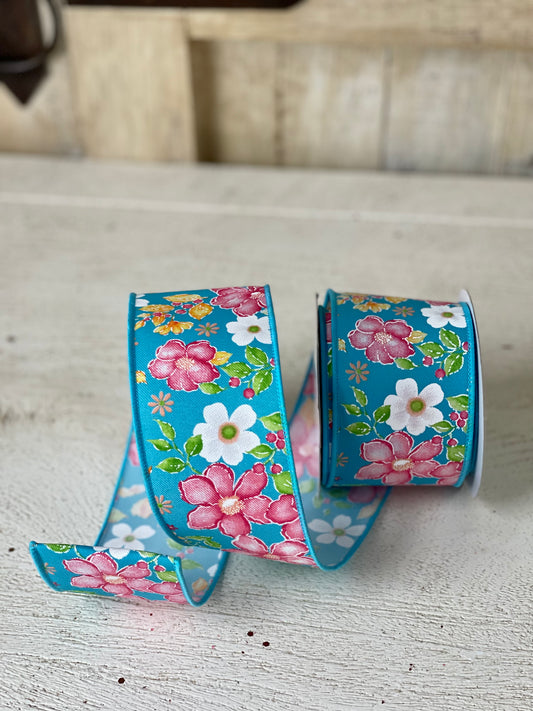 2.5 Inch By 10 Yard Blue Background With Watercolor Flowers Ribbon