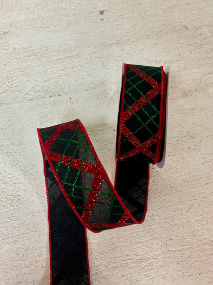 1.5 Inch By 10 Yard Black Red Emerald Glitter Diagonal Plaid Ribbon