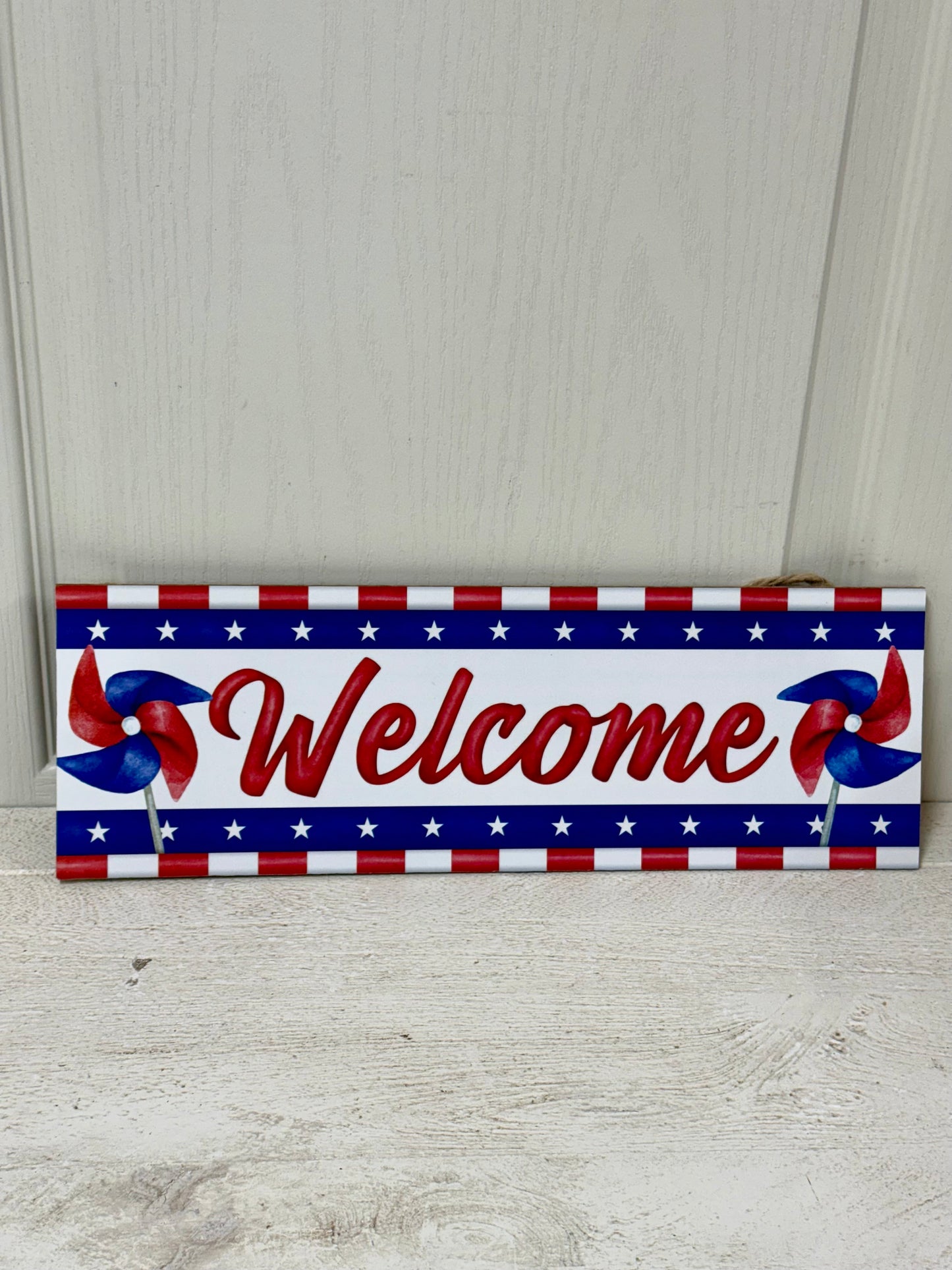 15 Inch Long Red White And Blue Welcome Pinwheel Wooden Sign