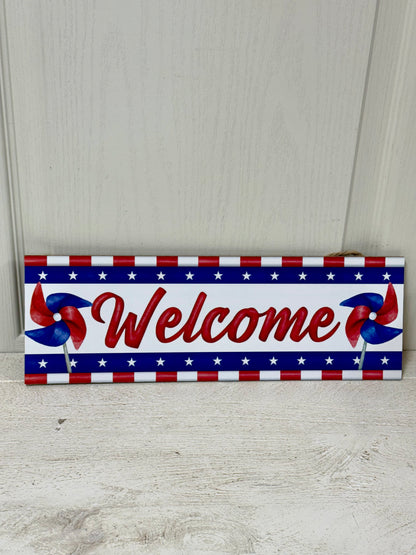 15 Inch Long Red White And Blue Welcome Pinwheel Wooden Sign