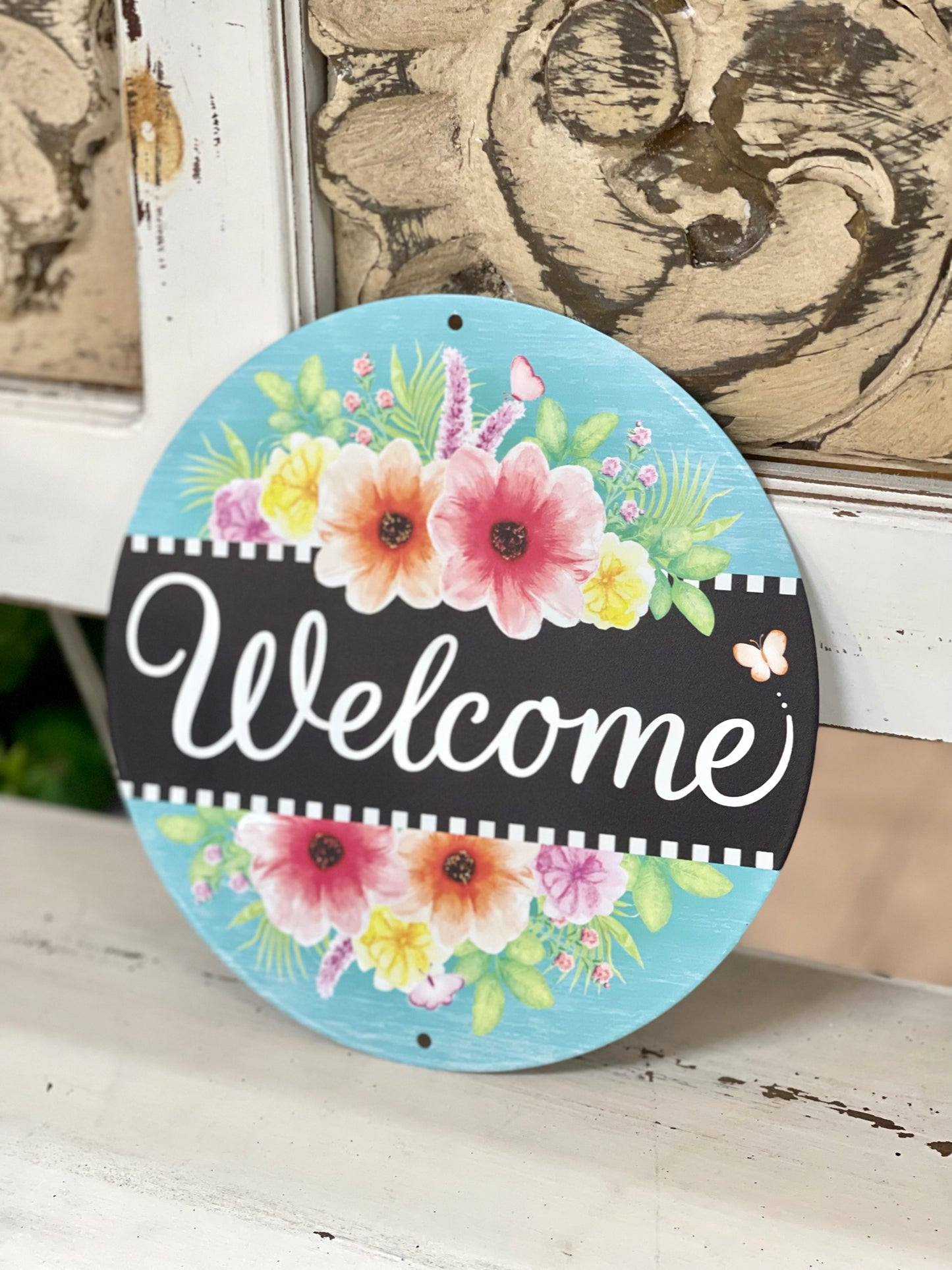 8 Inch Welcome With Florals Metal Sign