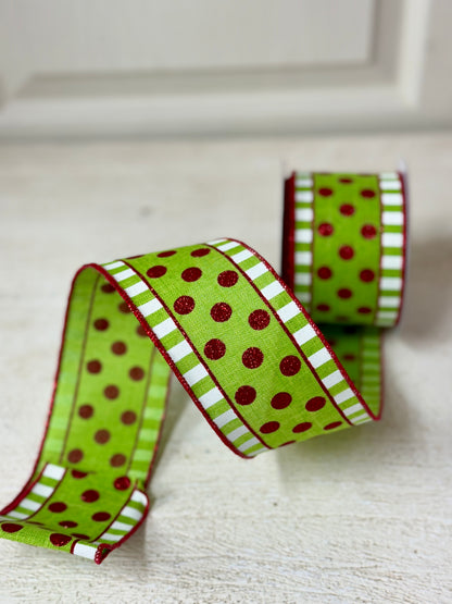 2.5 Inch By 10 Yard Red And Green Polka Dot Ribbon