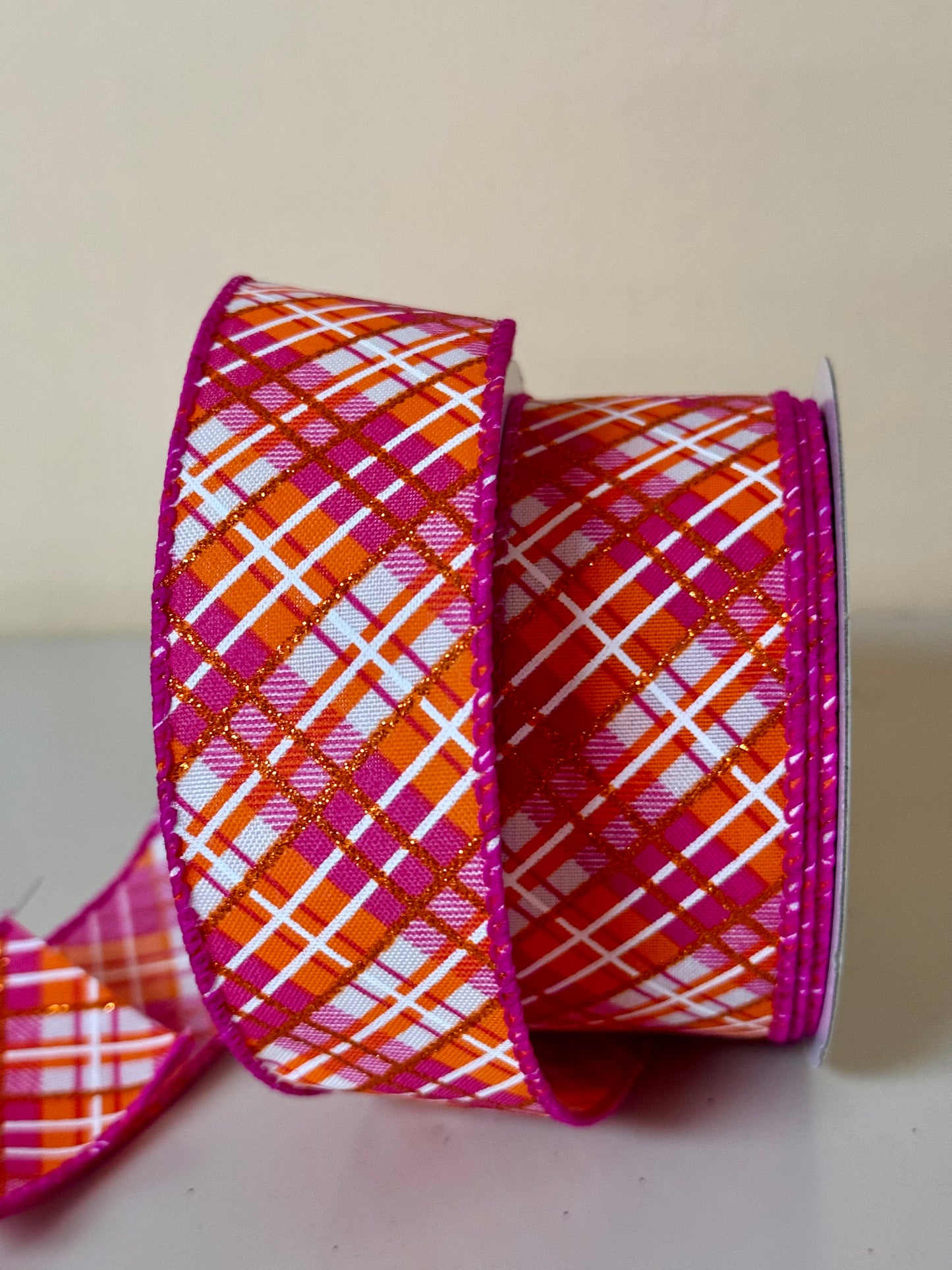 1.5 Inch By 10 Yard Orange And Pink Plaid Ribbon