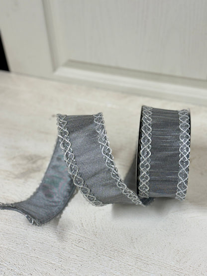 2.5 Inch By 10 Yard Gray Dupioni With Silver Metallic Trim Ribbon