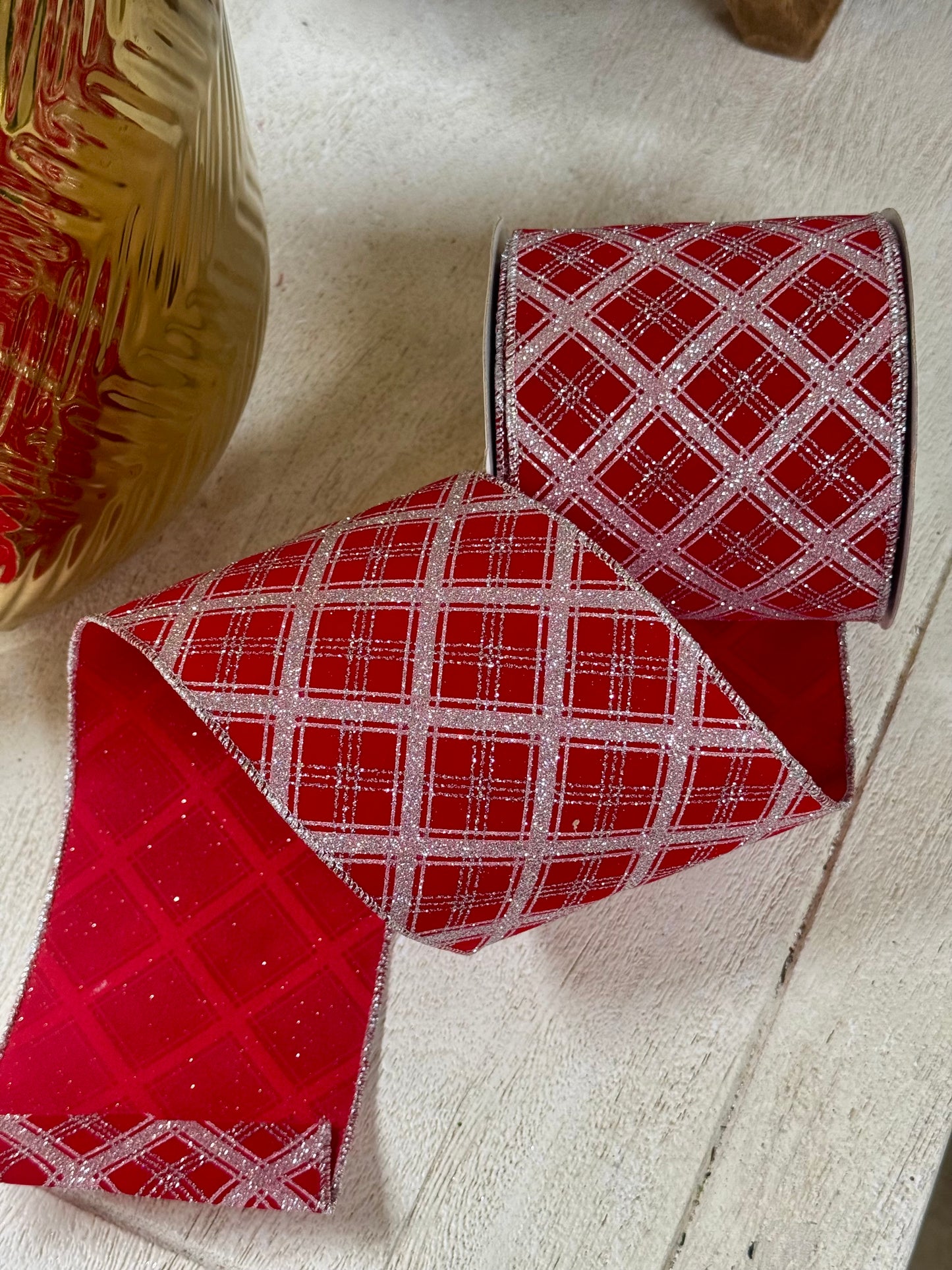 4 Inch By 10 Yard Red And Silver Lattice Glitter Velvet Ribbon