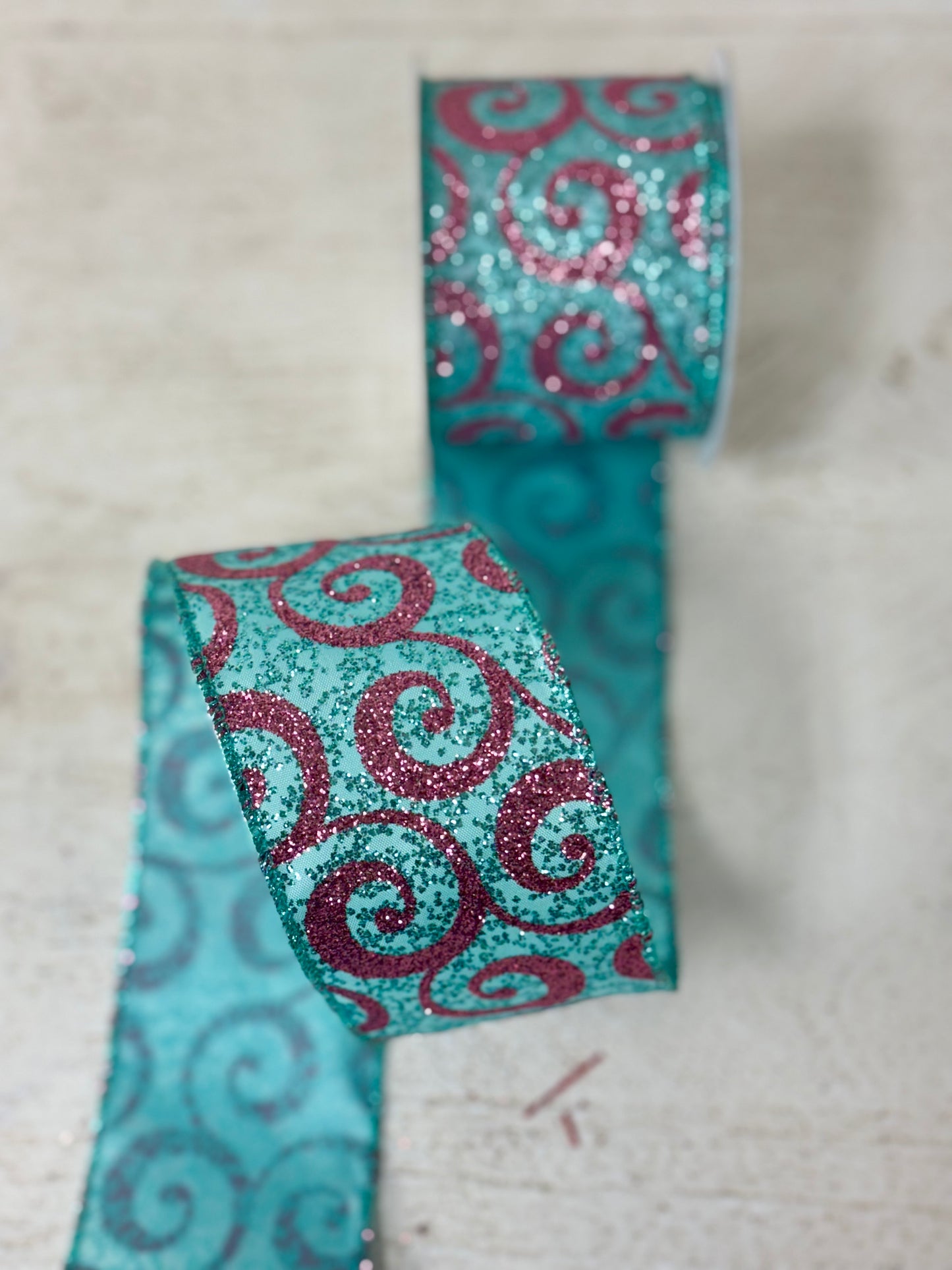 2.5 Inch By 10 Yard Teal And Pink Glitter Swirl Ribbon