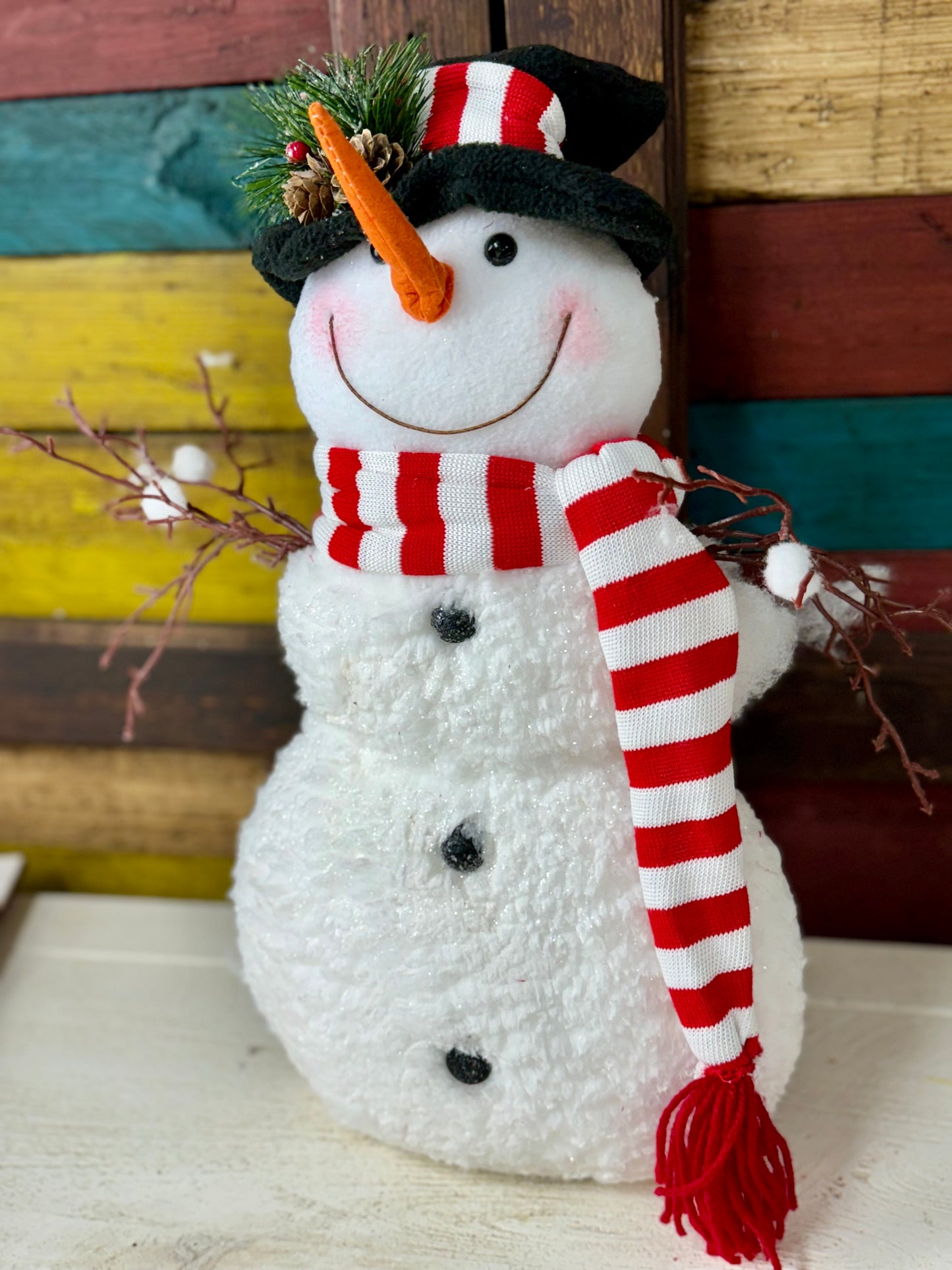 19.6 Inch Snowman With Top Hat And Striped Scarf