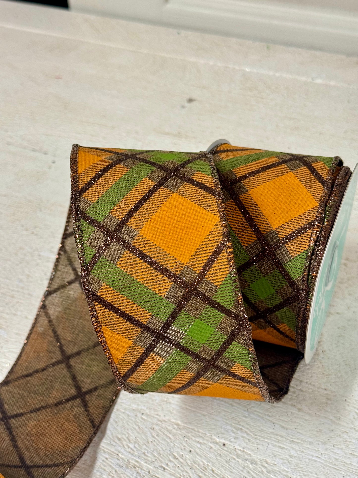 2.5 Inch By 10 Yard Brown Orange And Moss Glitter Plaid Ribbon