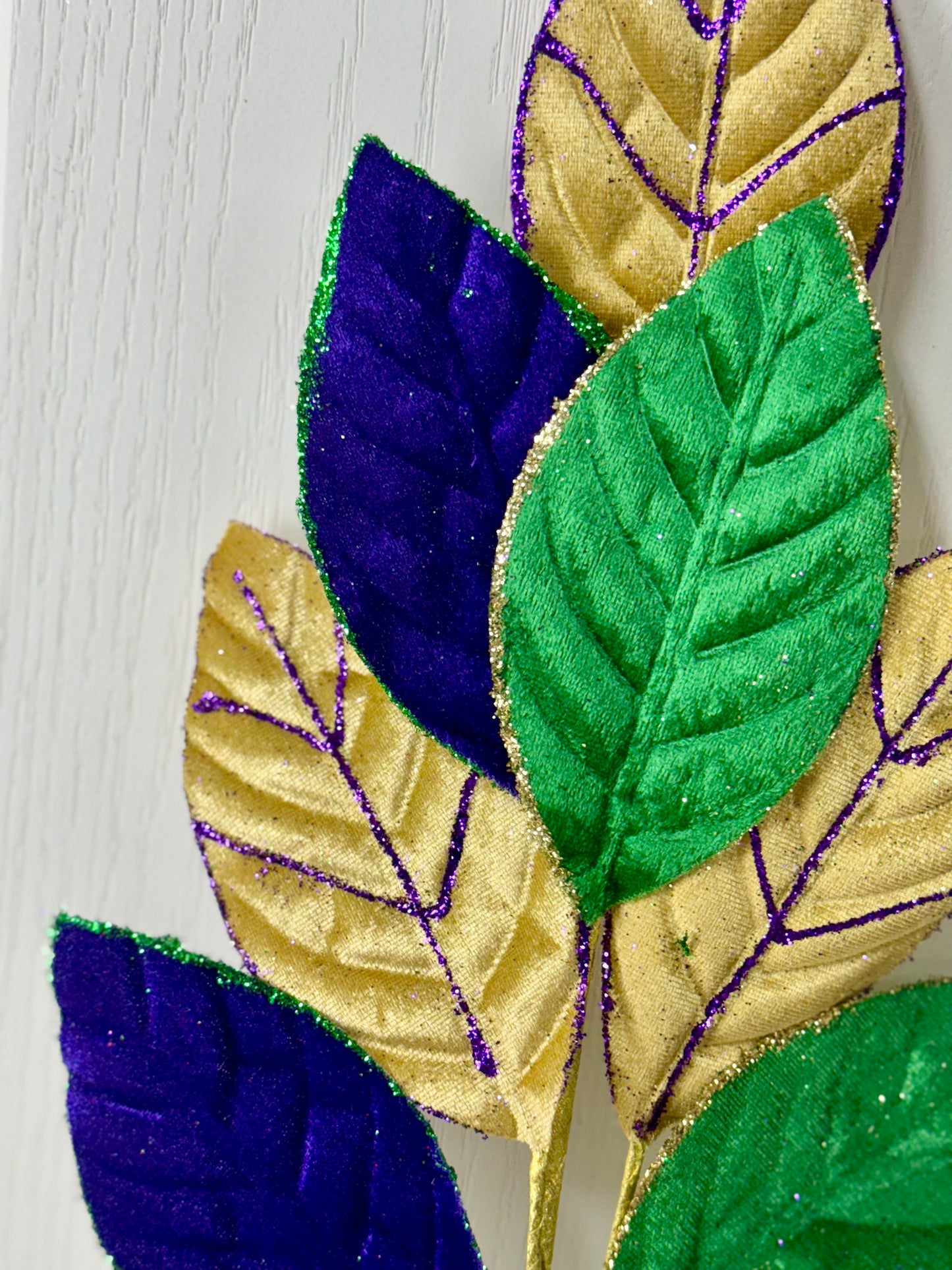 27 Inch Mardi Gras Velvet Glitter Leaf Spray