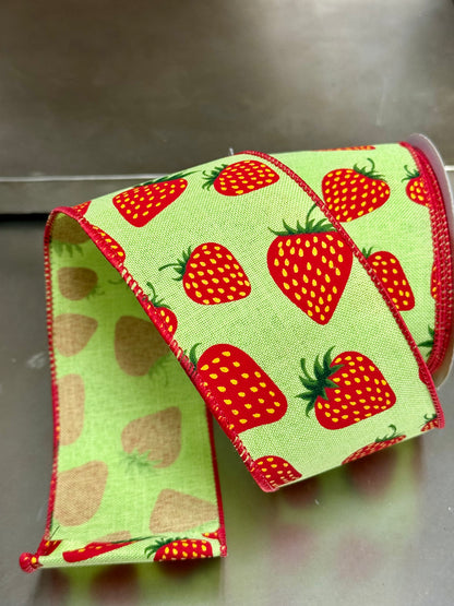 2.5 Inch By 10 Yard Strawberry Ribbon With Green Background