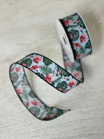 1.5 Inch By 10 Yard Hibiscus And Monster Leaves Ribbon